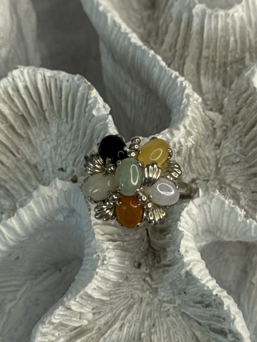 925 Sterling Silver 6 Colors Of Jade Flower Ring Size 8